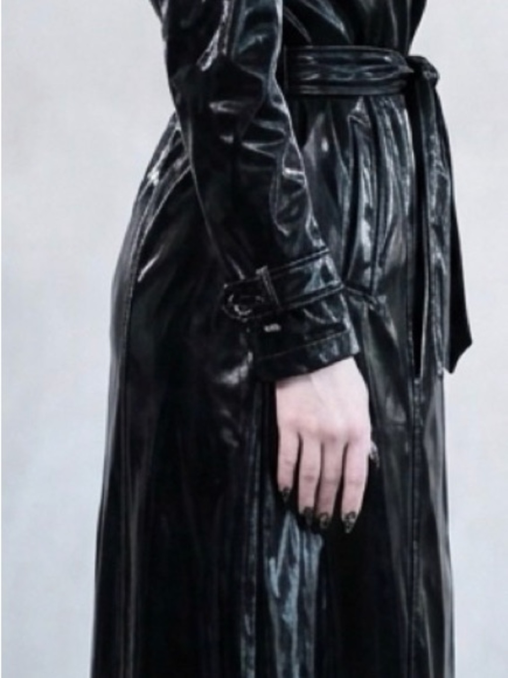 Black Long Trench Coat with Belt - Women - Picture 2 of 6